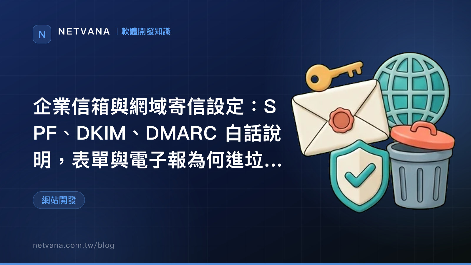 企業信箱與網域寄信設定：SPF、DKIM、DMARC 白話說明，表單與電子報為何進垃圾信｜NETVANA 軟體開發知識文章封面
