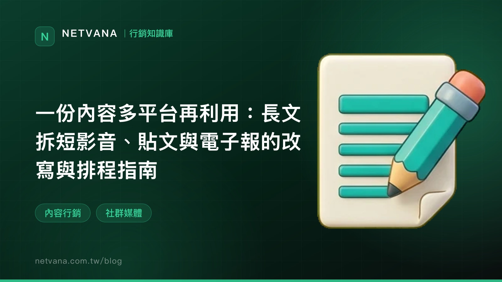 一份內容多平台再利用：長文拆短影音、貼文與電子報的改寫與排程指南｜NETVANA 行銷知識庫文章封面