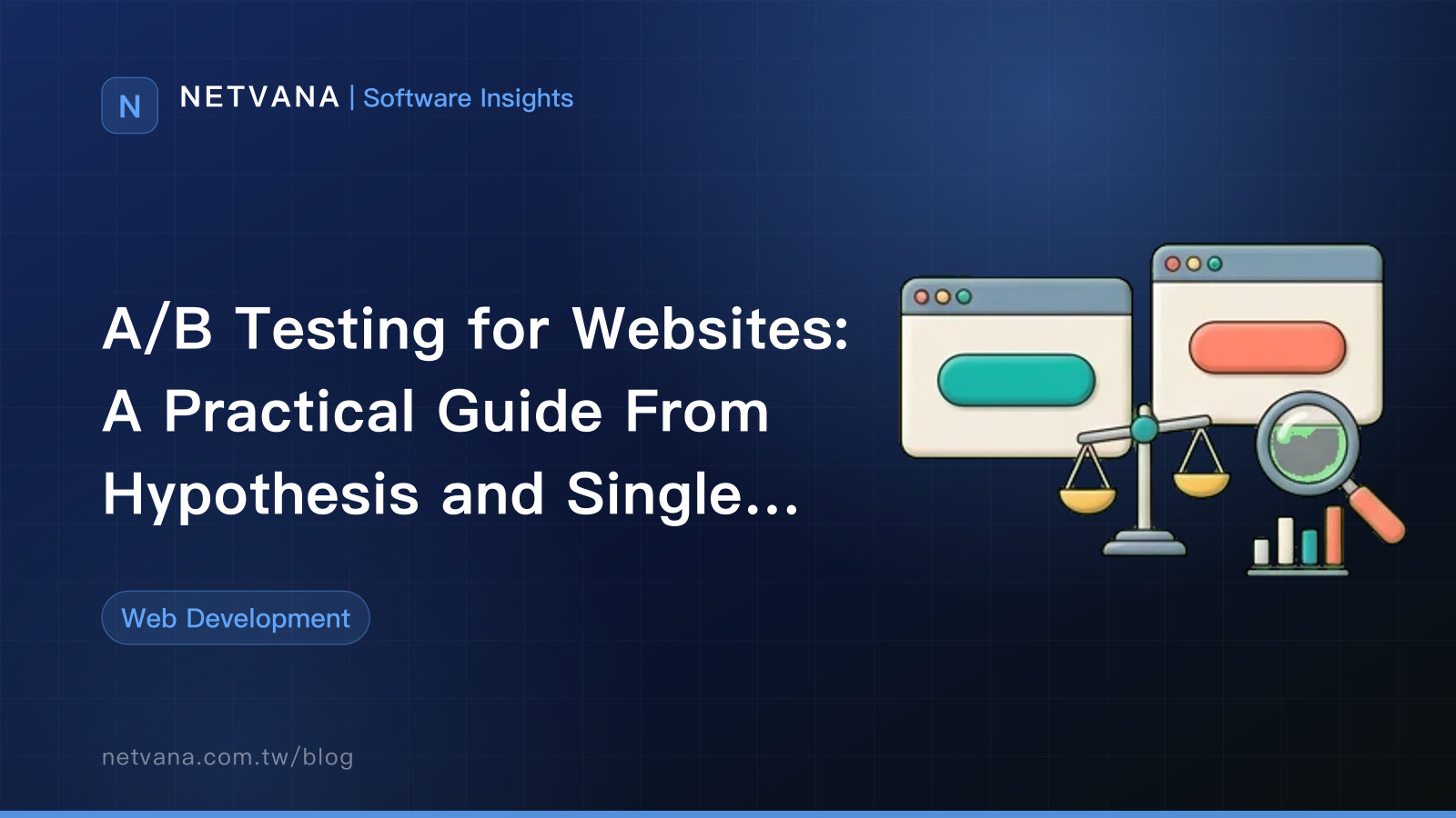 A/B Testing for Websites: A Practical Guide From Hypothesis and Single Variables to Reading Results | NETVANA Software Insights article cover