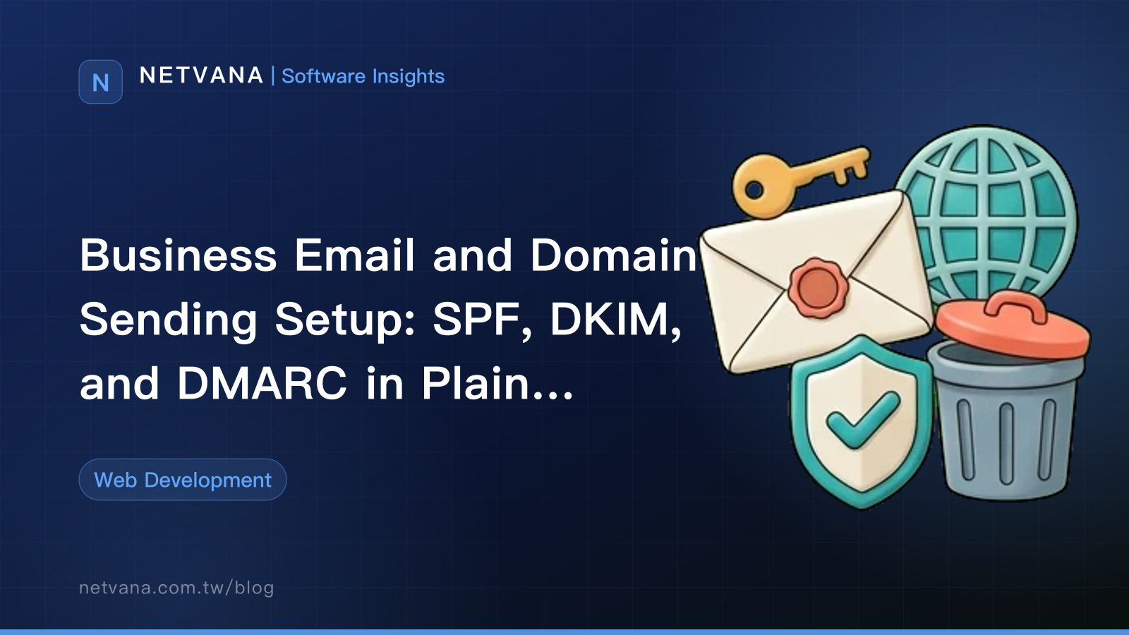 Business Email and Domain Sending Setup: SPF, DKIM, and DMARC in Plain English, and Why Forms and Newsletters Land in Spam | NETVANA Software Insights article cover